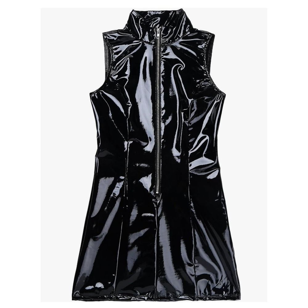 Black Patent Vinyl Mock Neck Sleeveless Zip Front Mini Dress XL